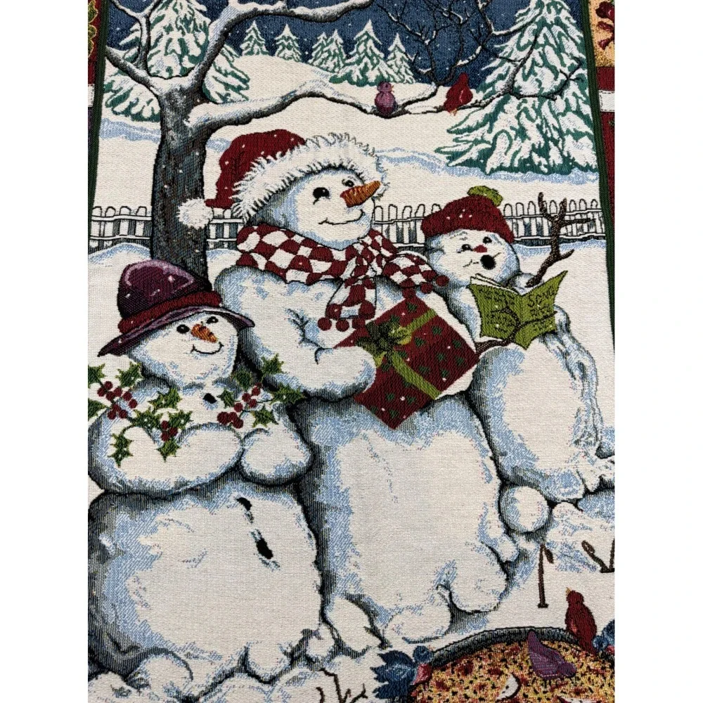 Vtg Goodwin Weavers Snowmen Caroling Woven Tapestry Throw Blanket USA 60